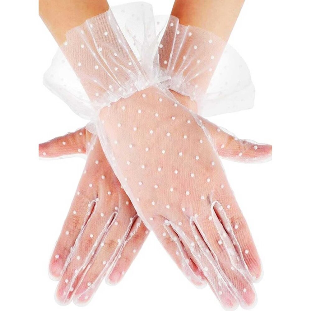 Women's White 100% Polyester Lace Sheer Fancy Wedding Combined Bridal Gloves